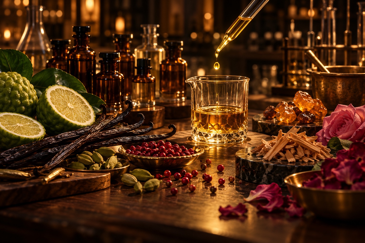 A pipette releasing a drop of perfume oil above amber vials and raw ingredients